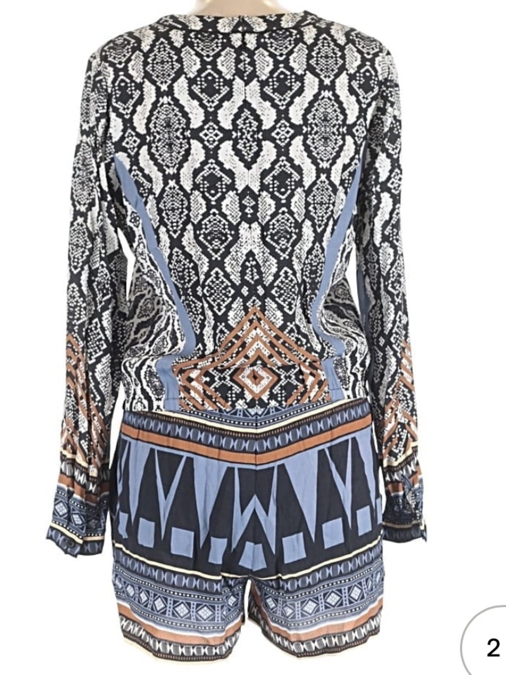 NWOT Hale Bob Black, White & Purple Tribal Printed Romper Zipper Back Tie Front - Picture 15 of 15